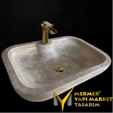 Travertine Oval Rectangular Sink - With Faucet Outlet