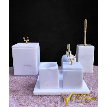 White Marble Square Deer Detail 7 Pcs Bathroom Set