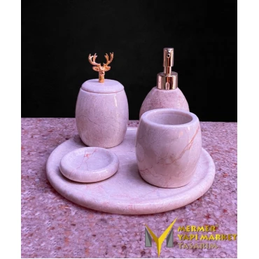 Beige Marble Rose Gold Cambered Deer Detail 5 Pcs Bathroom Set