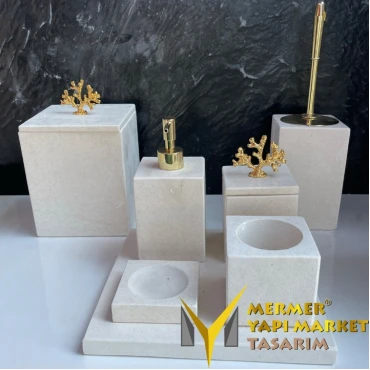 Beige Marble Square 7 Piece Bathroom Set With Gold Apparatus
