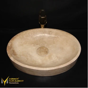 Travertine Concealed Drain Oval Design Washbasin