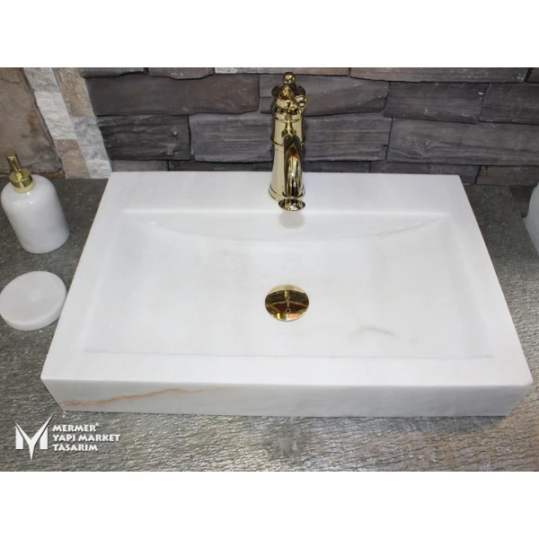 Afyon White Marble Rectangular Sink - Wi...