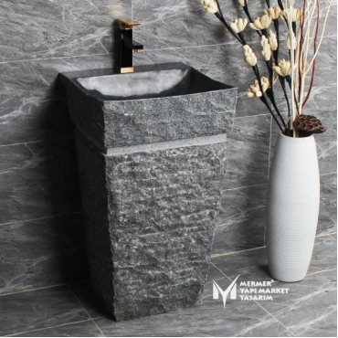 Basalt Black Split Face Outside Special Design Pedestal Sink