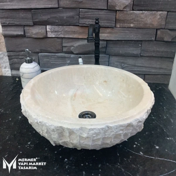 Beige Marble Vertical Split Face Bowl Wa...