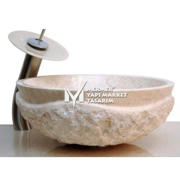 Beige Marble Design Split Face Round Washbasin