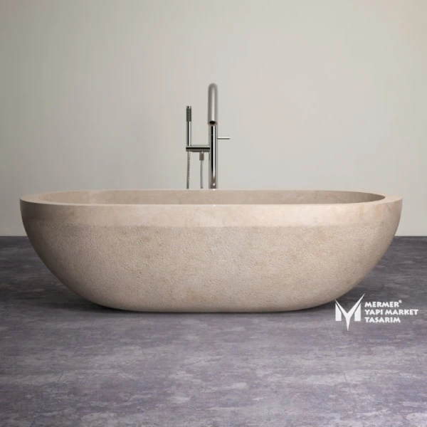 Beige Marble Rough Exterior Surface Bathtub