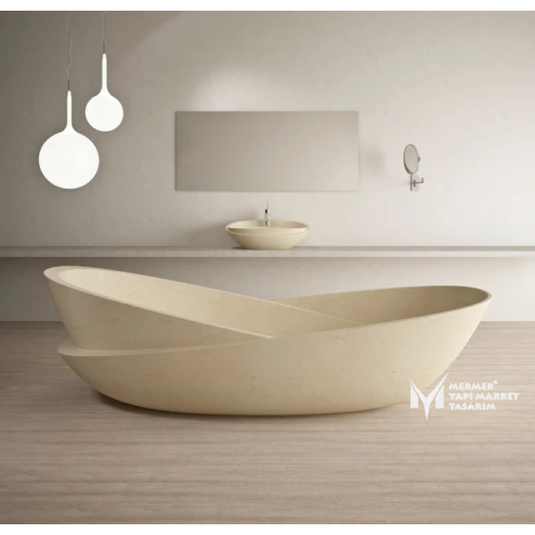Beige Marble Matte Surface Intimately Design Bathtub