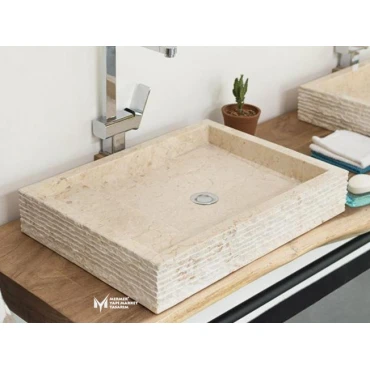 Beige Marble Scratch Square Sink - With Soap Dish