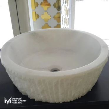 White Marble Vertical Split Face Bowl Washbasin