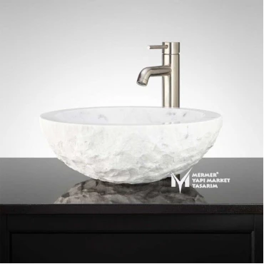 White Marble Split Face Outside Round Sink