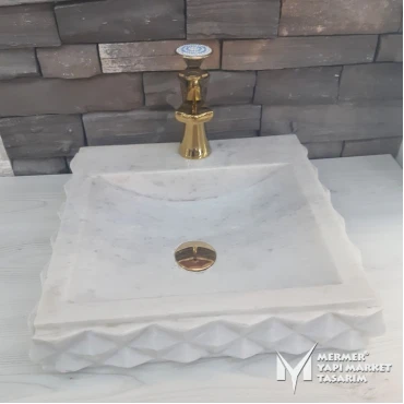 White Marble Pyramid Design Square Sink - With Faucet Outlet