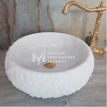 Cristal White Marble Trigon Split Face Curved Washbasin