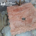 Red Travertine Pyramid Design Square Sink - With Faucet Outlet