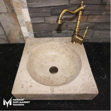 Noche Travertine Desing Square Sink - With Faucet Outlet