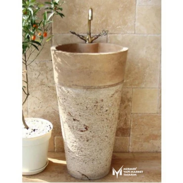 Travertine Conic Pedestal Sink - With Faucet Outlet