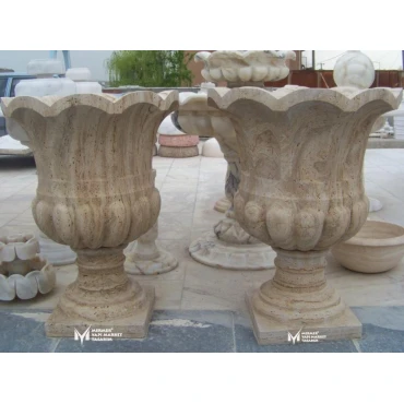Travertine Frilly Caved Design Footed Flower Pot