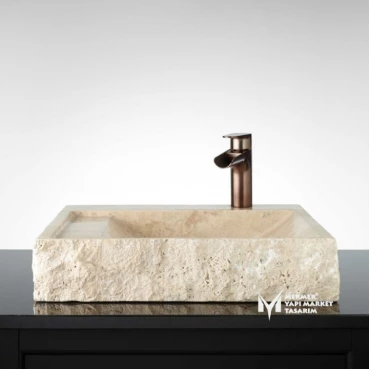 Travertine Split Face Outside Square Sink - With Soap Dish