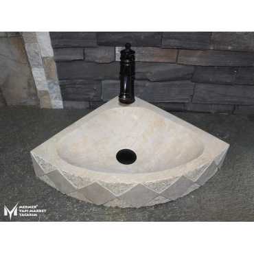 Travertine Triangle Patterned Washbasin - With Faucet Outlet