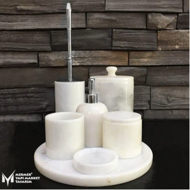 White Marble Silver Apparatus 7-Piece Bathroom Set