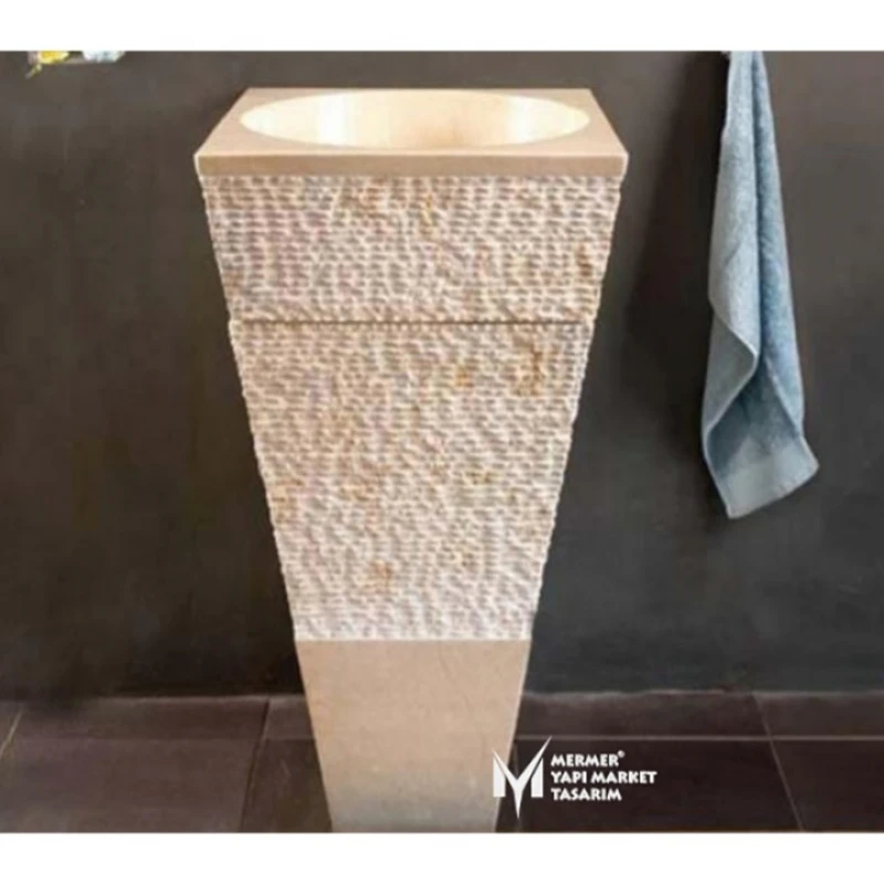 Bej Mermer Dışı Taramalı Kare Dikey Lavabo